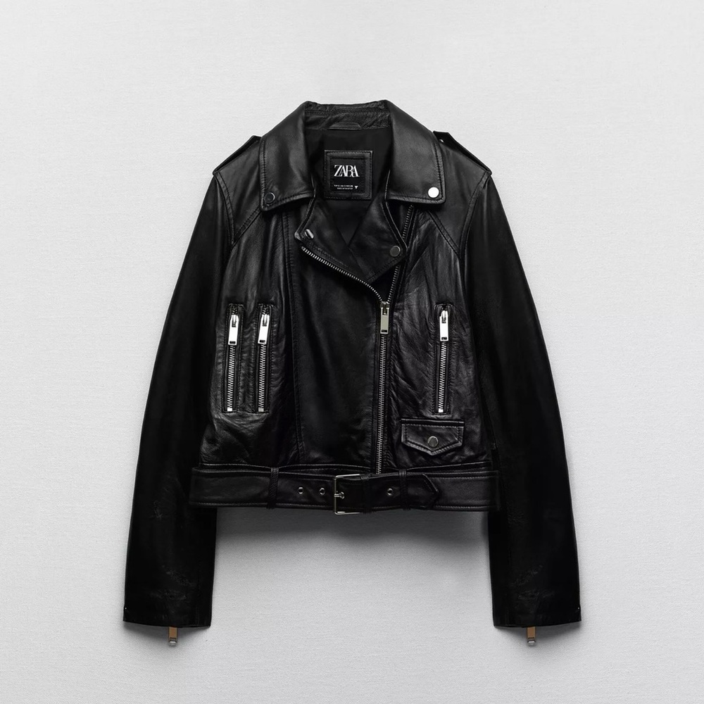 ZARA NWT Women's Sleek Black Leather Biker Jacket Zipper Pockets Size Small